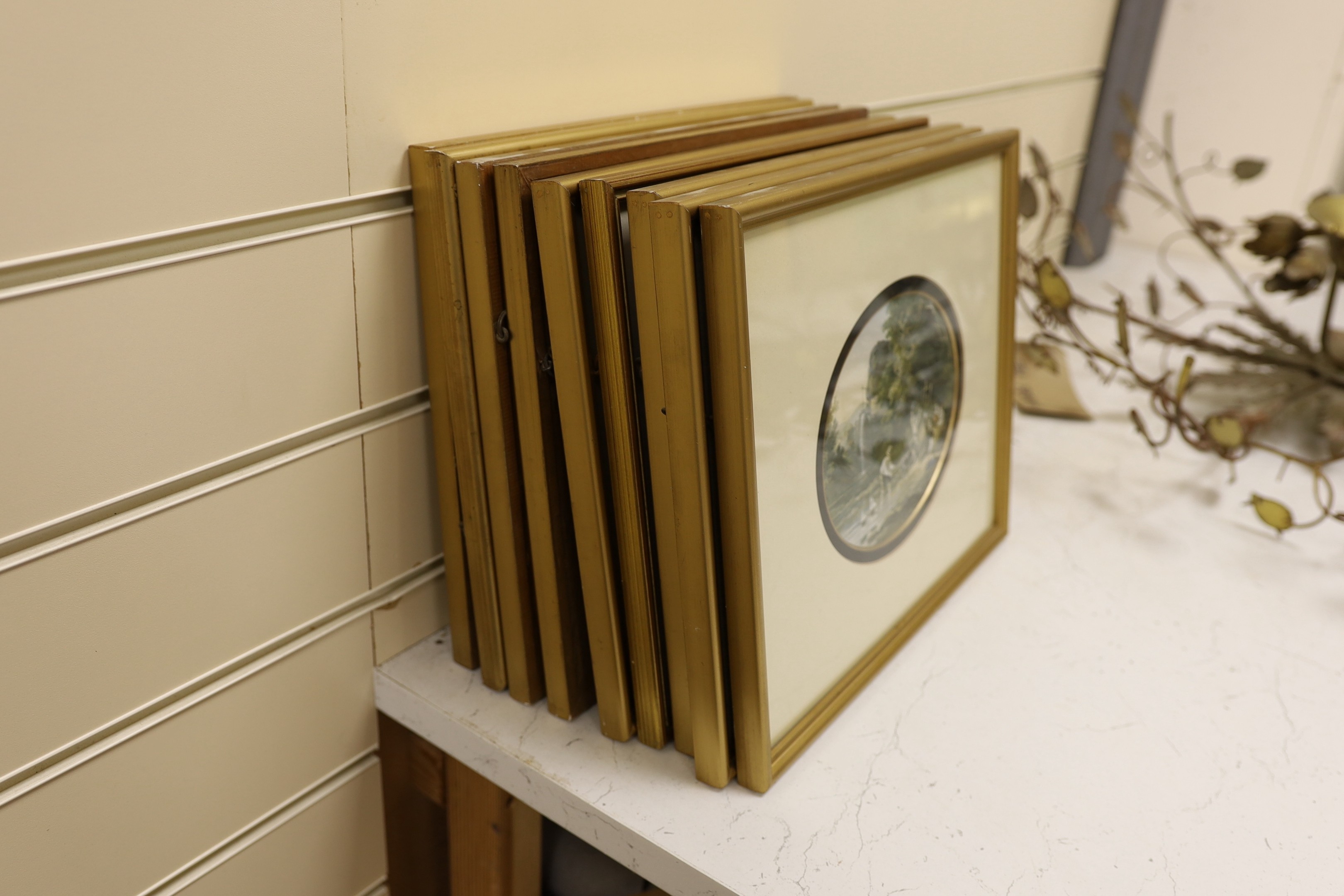 A group of assorted colour prints including shooting and coaching scenes, a Morden map of East Riding, Yorkshire, a reprint road map and eight oval prints after Baxter